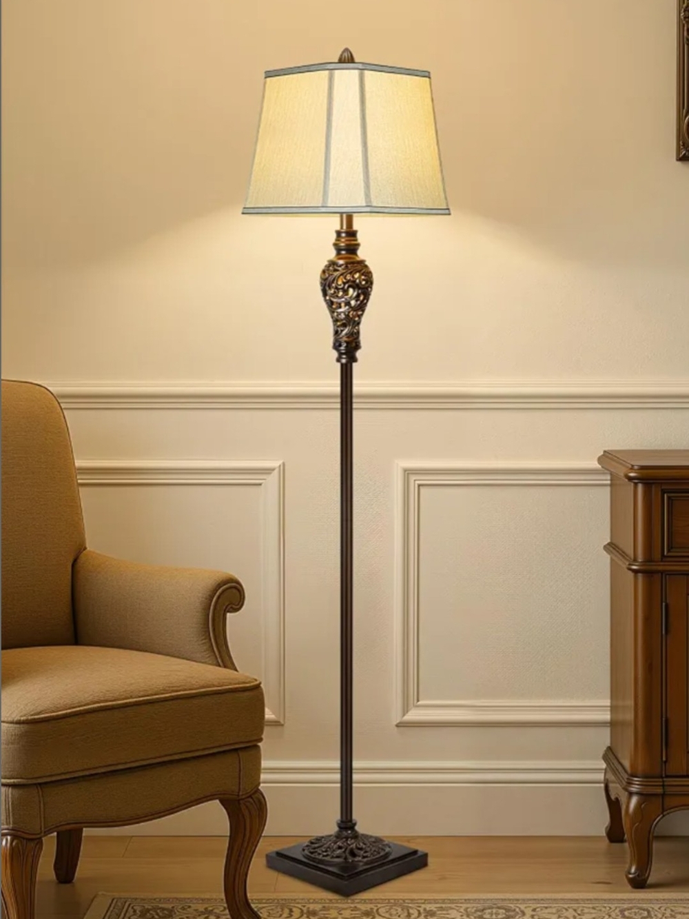 Vintage Look Floor Lamp with Night Light, Dark Brown Finish Beautiful Detailing